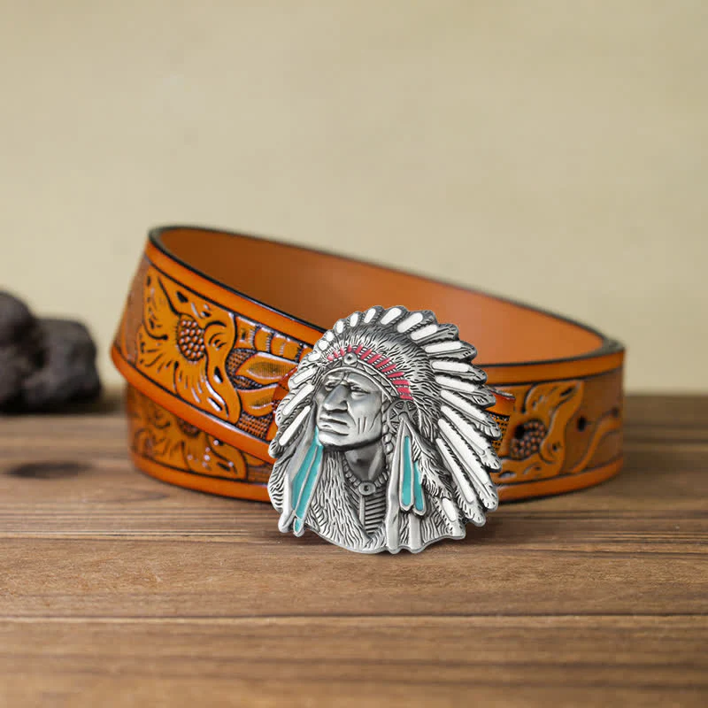 Men's DIY Colored Indian Chief Buckle Leather Belt - Image 25