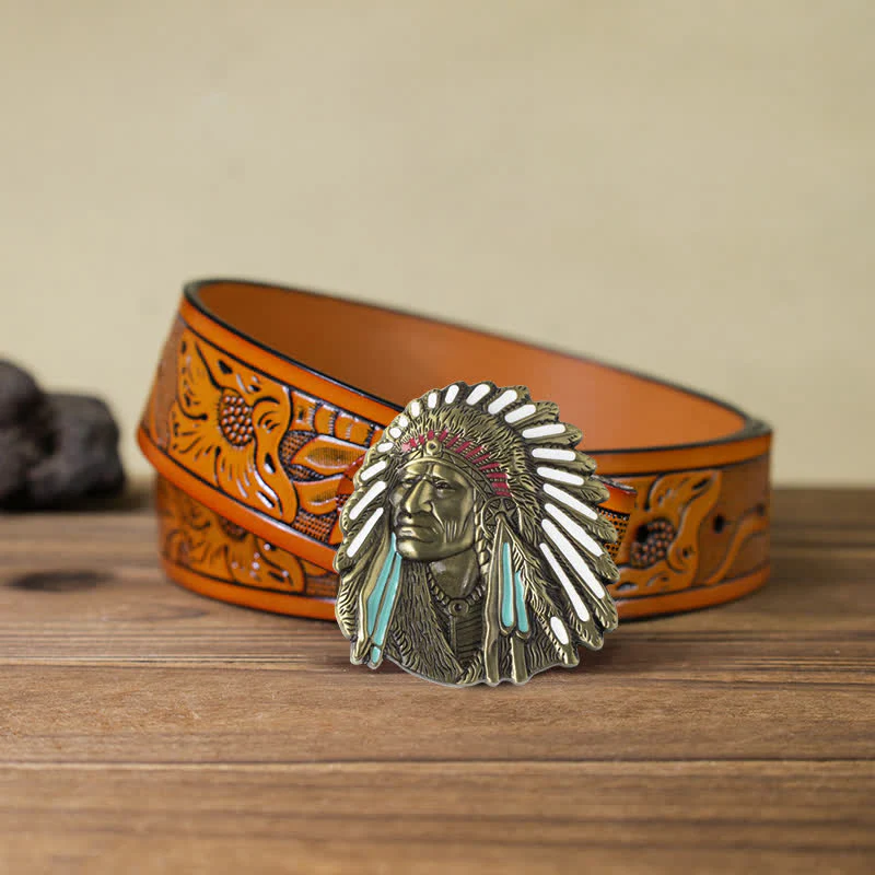 Men's DIY Colored Indian Chief Buckle Leather Belt - Image 26
