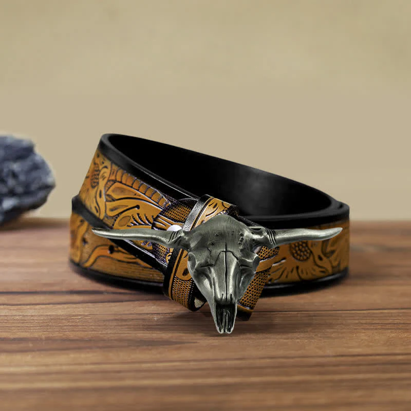 Men's DIY Cool Western Longhorn Bull Buckle Leather Belt - Image 11