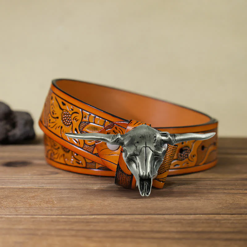 Men's DIY Cool Western Longhorn Bull Buckle Leather Belt - Image 12