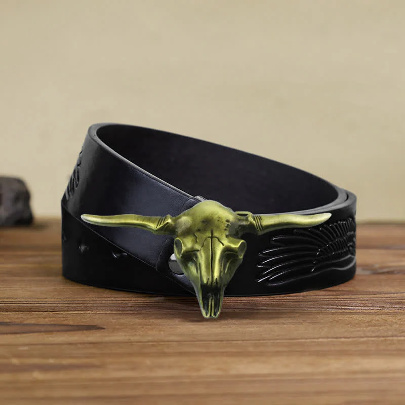 Men's DIY Cool Western Longhorn Bull Buckle Leather Belt - Image 15