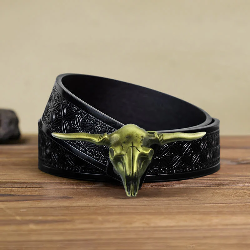 Men's DIY Cool Western Longhorn Bull Buckle Leather Belt - Image 16