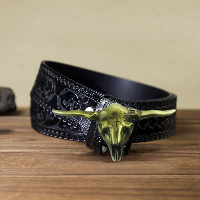 Men's DIY Cool Western Longhorn Bull Buckle Leather Belt - Image 17