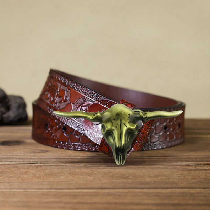 Men's DIY Cool Western Longhorn Bull Buckle Leather Belt - Image 18