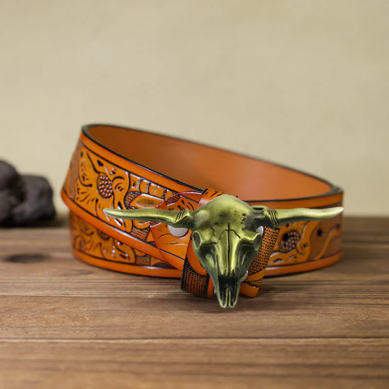 Men's DIY Cool Western Longhorn Bull Buckle Leather Belt - Image 20