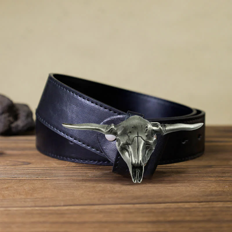 Men's DIY Cool Western Longhorn Bull Buckle Leather Belt - Image 6