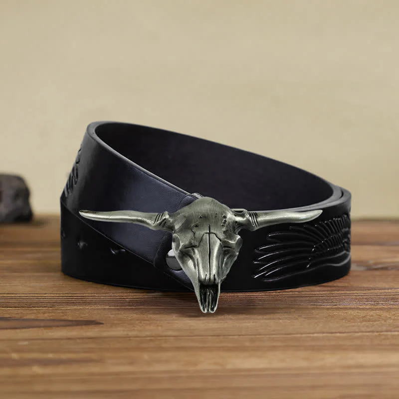 Men's DIY Cool Western Longhorn Bull Buckle Leather Belt - Image 7