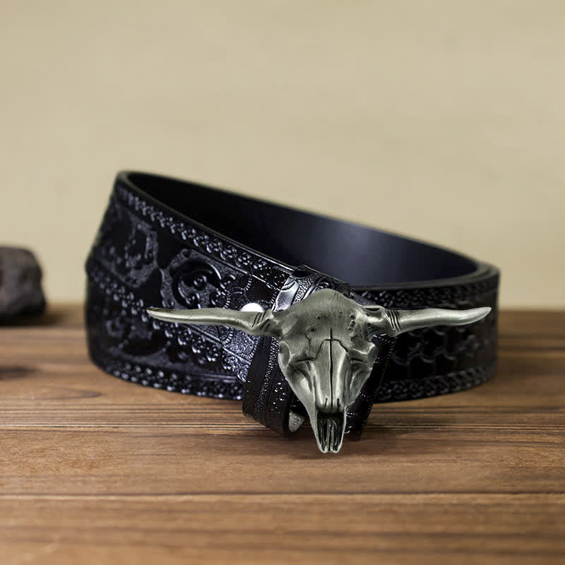 Men's DIY Cool Western Longhorn Bull Buckle Leather Belt - Image 9