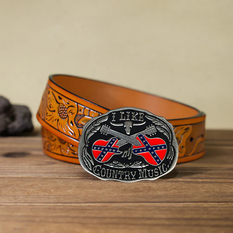 Men's DIY Country Music Guitar Bull Buckle Leather Belt - Image 10