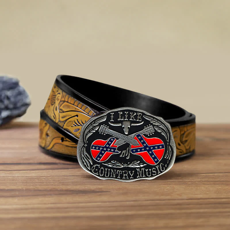 Men's DIY Country Music Guitar Bull Buckle Leather Belt - Image 9
