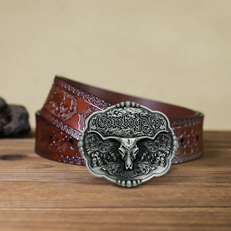 Men's DIY Cowboy Gothic Skull Bull Buckle Leather Belt - Image 8