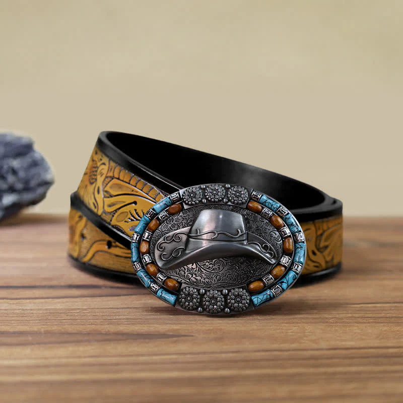 Men's DIY Cowboy Hat Turquoise Stone Buckle Leather Belt - Image 13