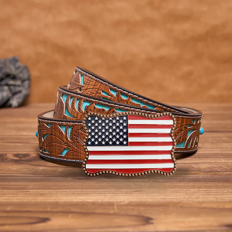 Men's DIY Creative American Flag Card Wallet Buckle Leather Belt - Image 9