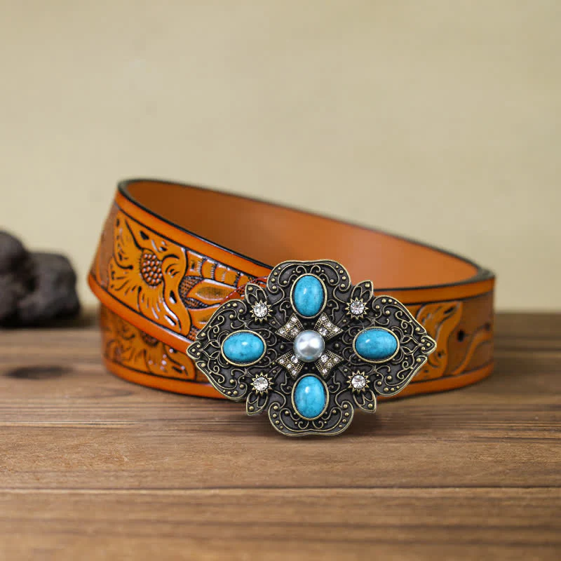Men's DIY Decorative Stunning Turquoise Buckle Leather Belt - Image 10