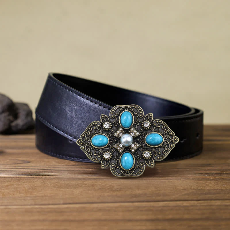 Men's DIY Decorative Stunning Turquoise Buckle Leather Belt - Image 4