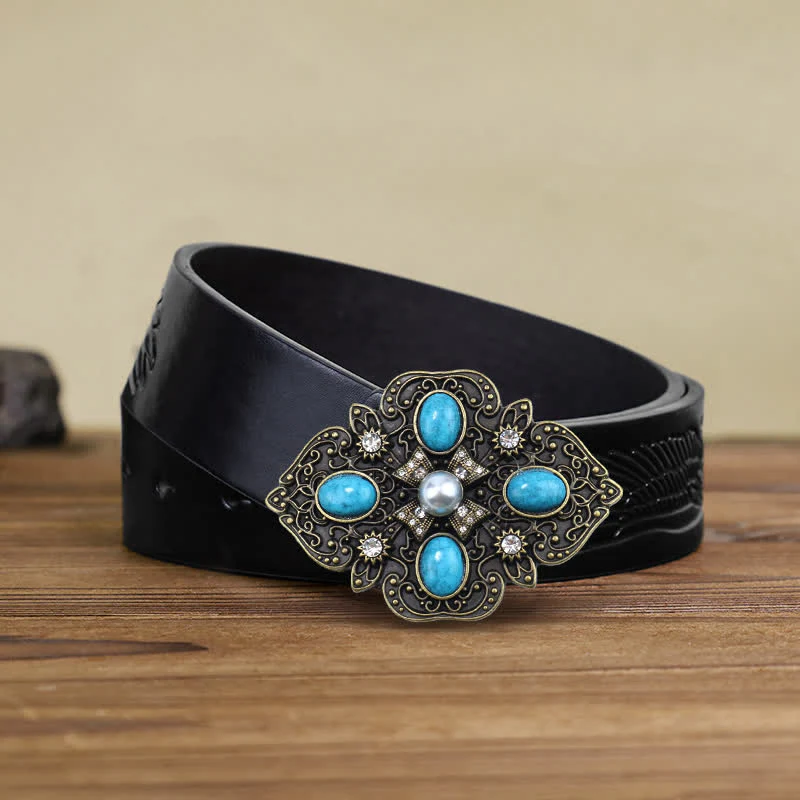 Men's DIY Decorative Stunning Turquoise Buckle Leather Belt - Image 5