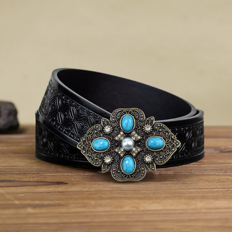 Men's DIY Decorative Stunning Turquoise Buckle Leather Belt - Image 6