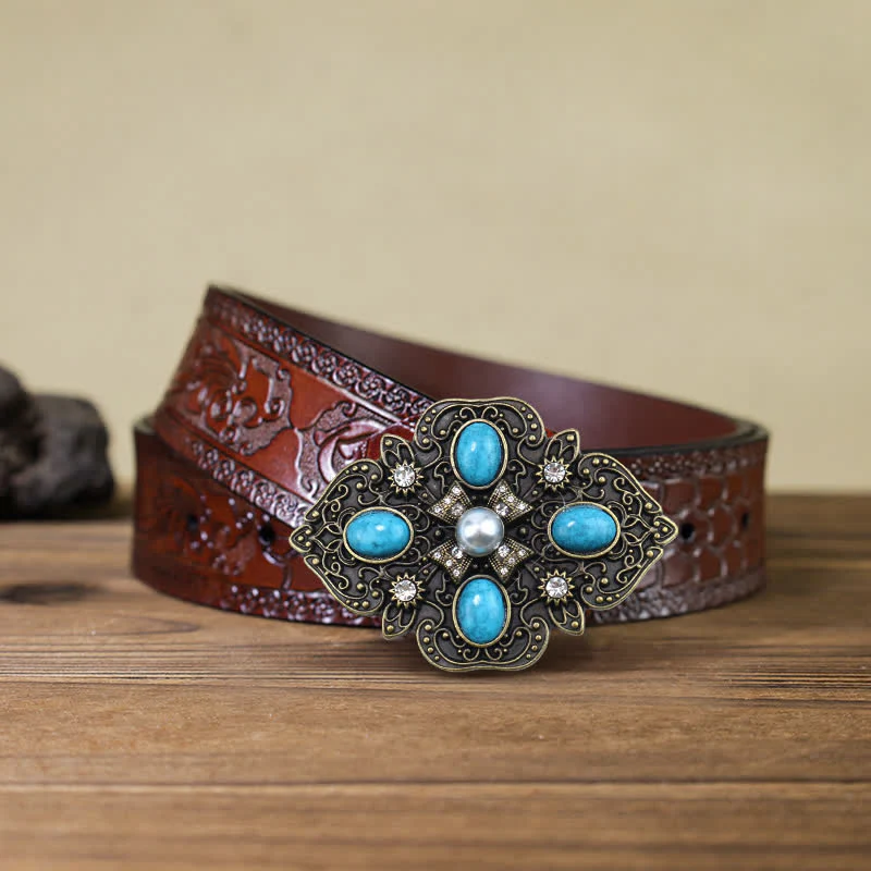 Men's DIY Decorative Stunning Turquoise Buckle Leather Belt - Image 8
