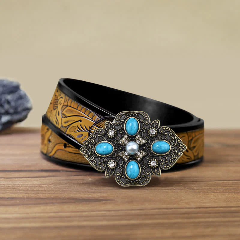 Men's DIY Decorative Stunning Turquoise Buckle Leather Belt - Image 9