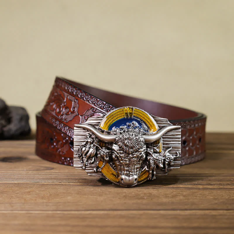 Men's DIY Domineering Longhorn Bull Buckle Leather Belt - Image 11