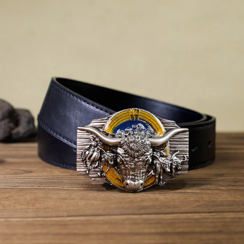 Men's DIY Domineering Longhorn Bull Buckle Leather Belt - Image 3