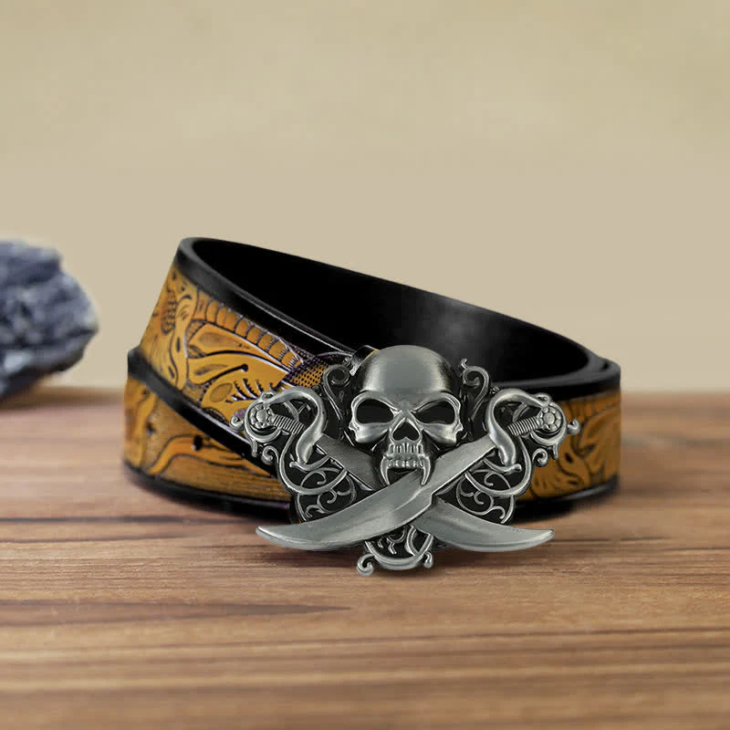 Men's DIY Double Swords Skull Ghost Buckle Leather Belt - Image 10
