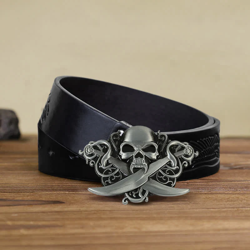 Men's DIY Double Swords Skull Ghost Buckle Leather Belt - Image 6