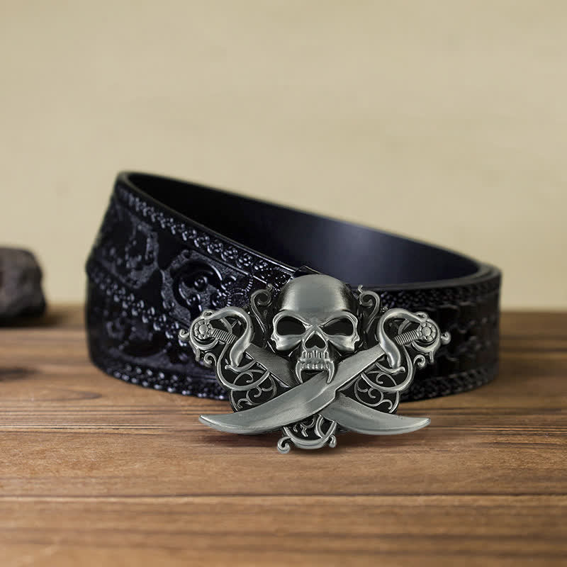 Men's DIY Double Swords Skull Ghost Buckle Leather Belt - Image 8