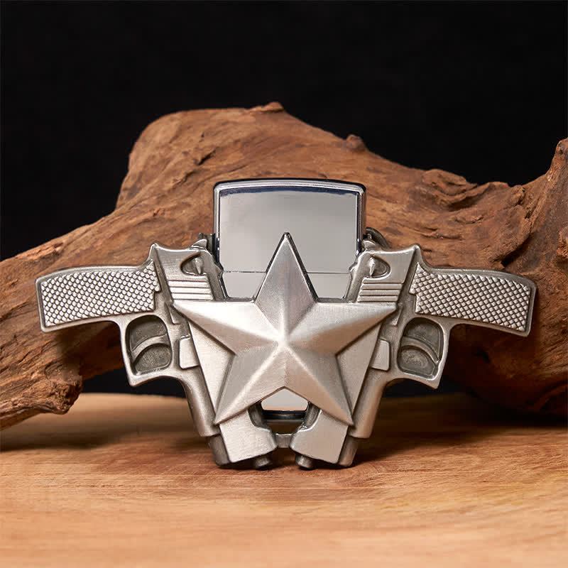 Men's DIY Dual Guns & Star Leather Belt with Hidden Lighter