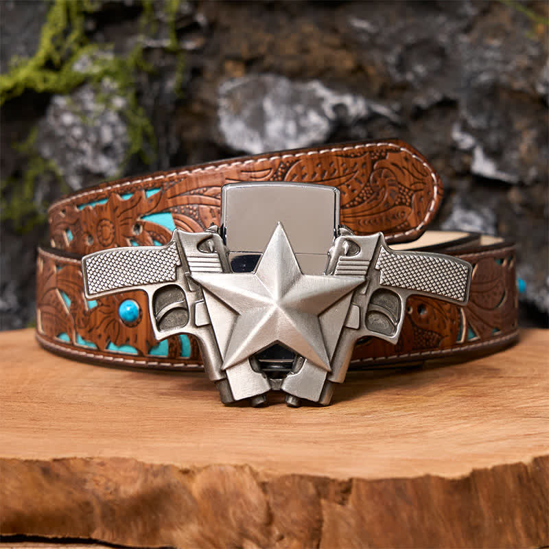 Men's DIY Dual Guns & Star Leather Belt with Hidden Lighter - Image 6