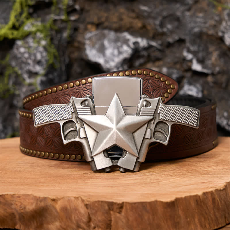 Men's DIY Dual Guns & Star Leather Belt with Hidden Lighter - Image 7
