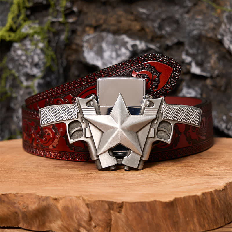 Men's DIY Dual Guns & Star Leather Belt with Hidden Lighter - Image 9