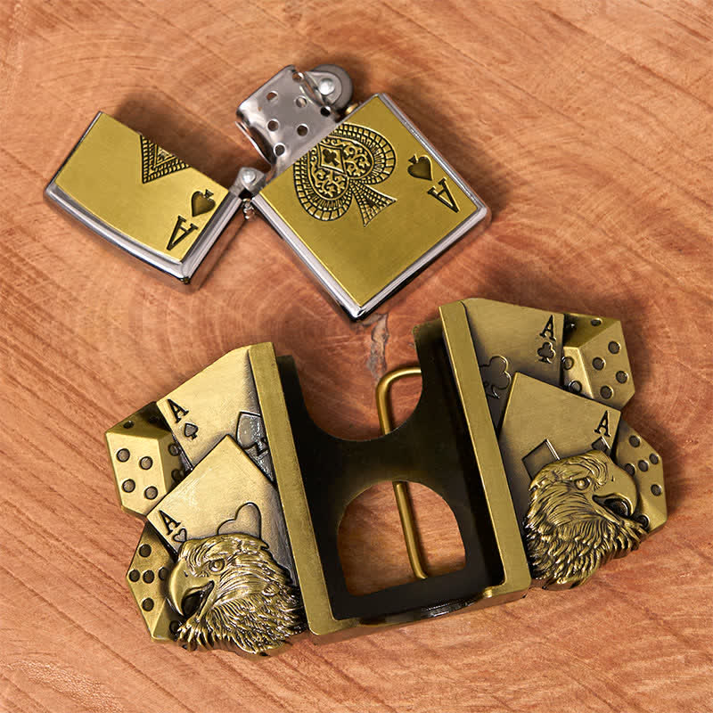 Men's DIY Eagle Ace Gold Leather Belt Buckle with Hidden Lighter - Image 2