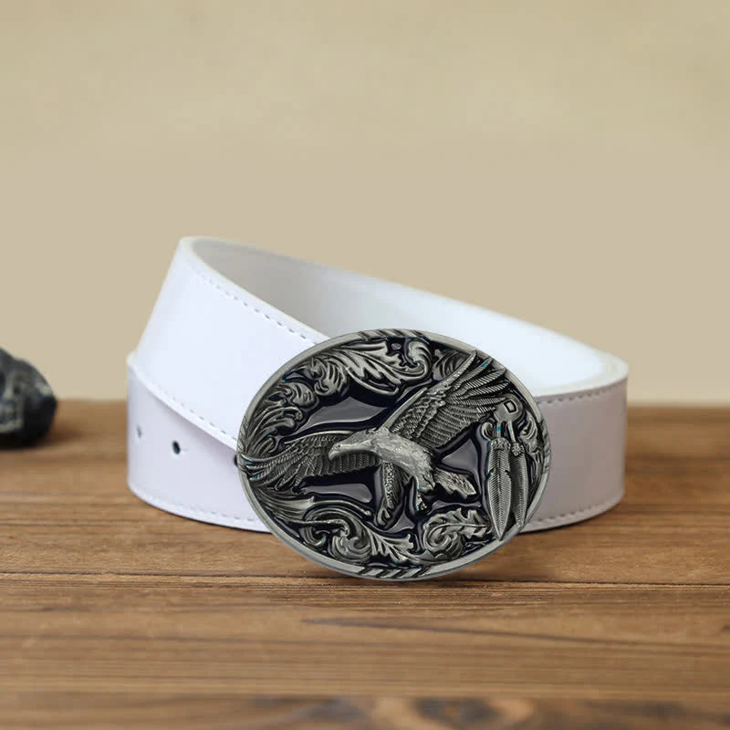 Men's DIY Eagle Leaf Enameled Oval Buckle Leather Belt - Image 6