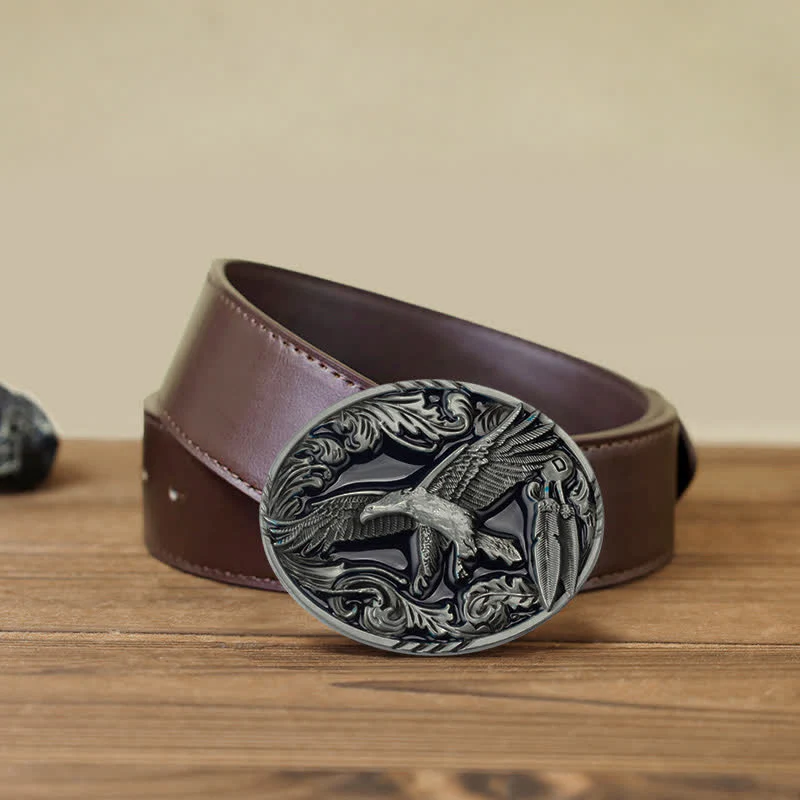 Men's DIY Eagle Leaf Enameled Oval Buckle Leather Belt - Image 8