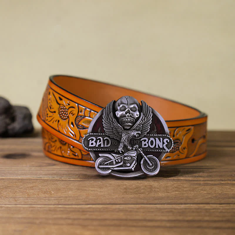Men's DIY Eagle Skull Biker Bad To The Bone Buckle Leather Belt - Image 16