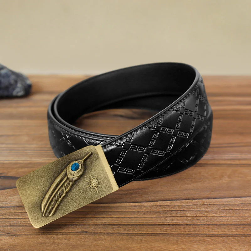 Men's DIY Embossed Feather Turquoise Automatic Buckle Leather Belt - Image 3