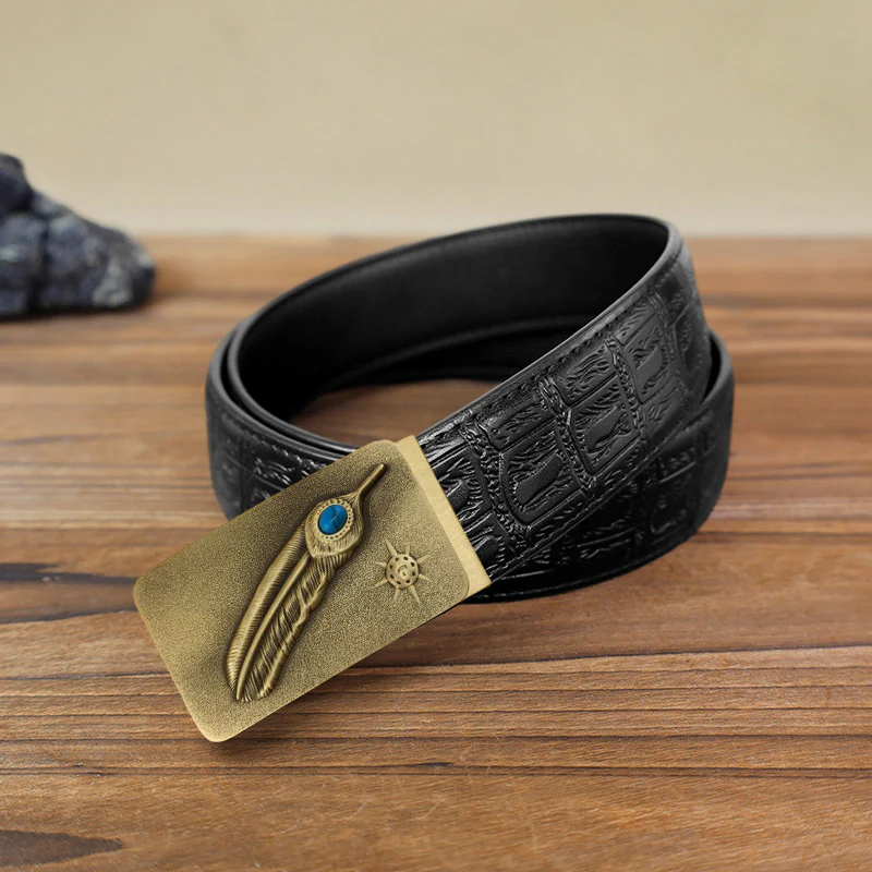 Men's DIY Embossed Feather Turquoise Automatic Buckle Leather Belt - Image 4