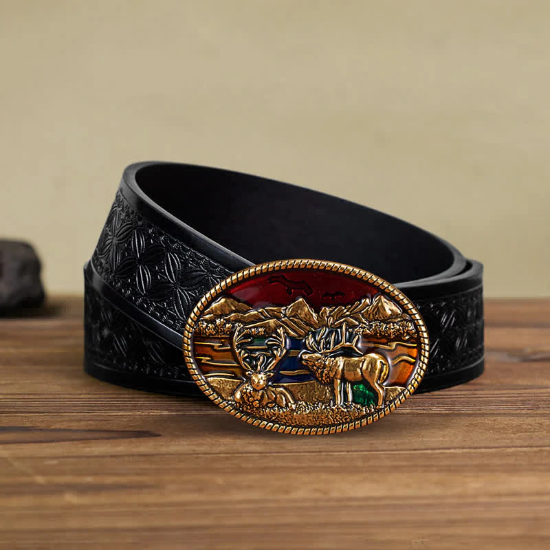 Men's DIY Enamel Wild Deer Buckle Leather Belt - Image 4