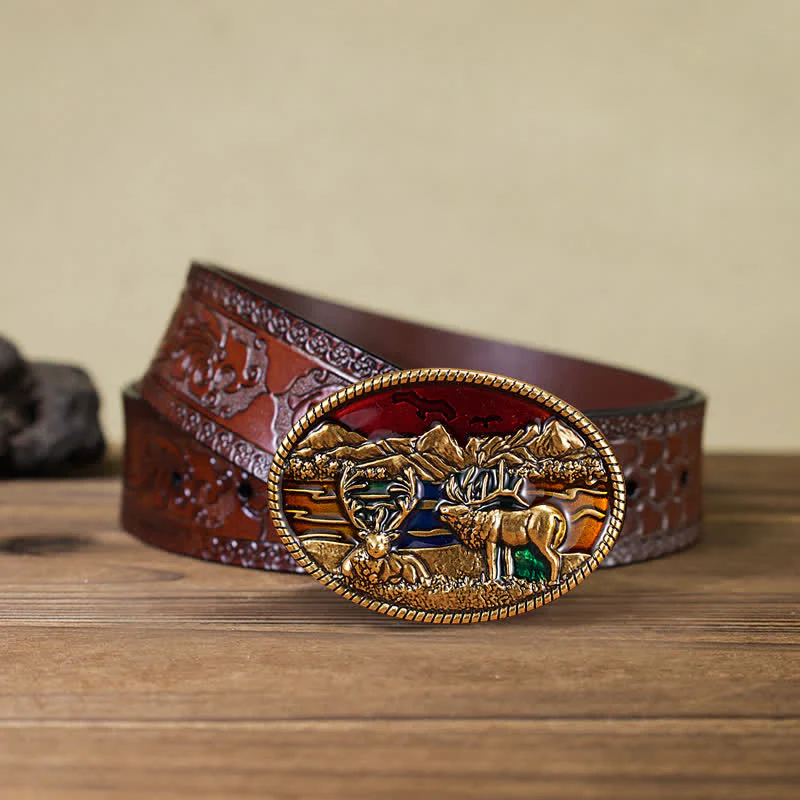 Men's DIY Enamel Wild Deer Buckle Leather Belt - Image 6