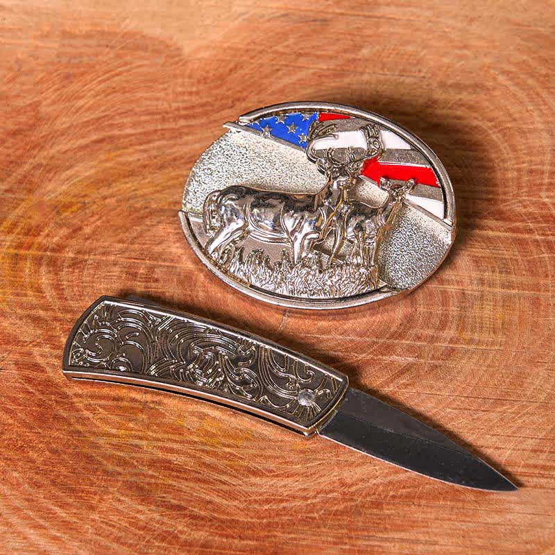 Men's DIY Enameled USA Flag & Deer Hidden Folding Knife Leather Belt (Pre-Sale) - Image 3