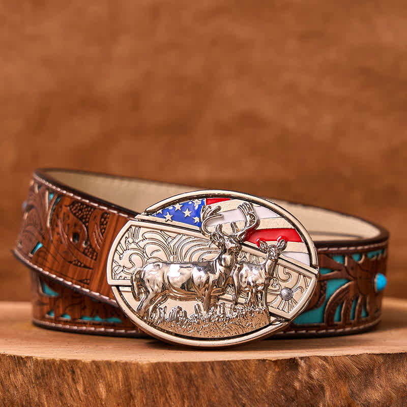 Men's DIY Enameled USA Flag & Deer Hidden Folding Knife Leather Belt (Pre-Sale) - Image 5