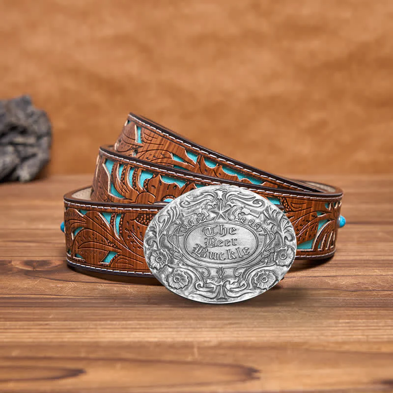 Men's DIY Engrave Flower Creative Beer Holder Buckle Leather Belt - Image 10