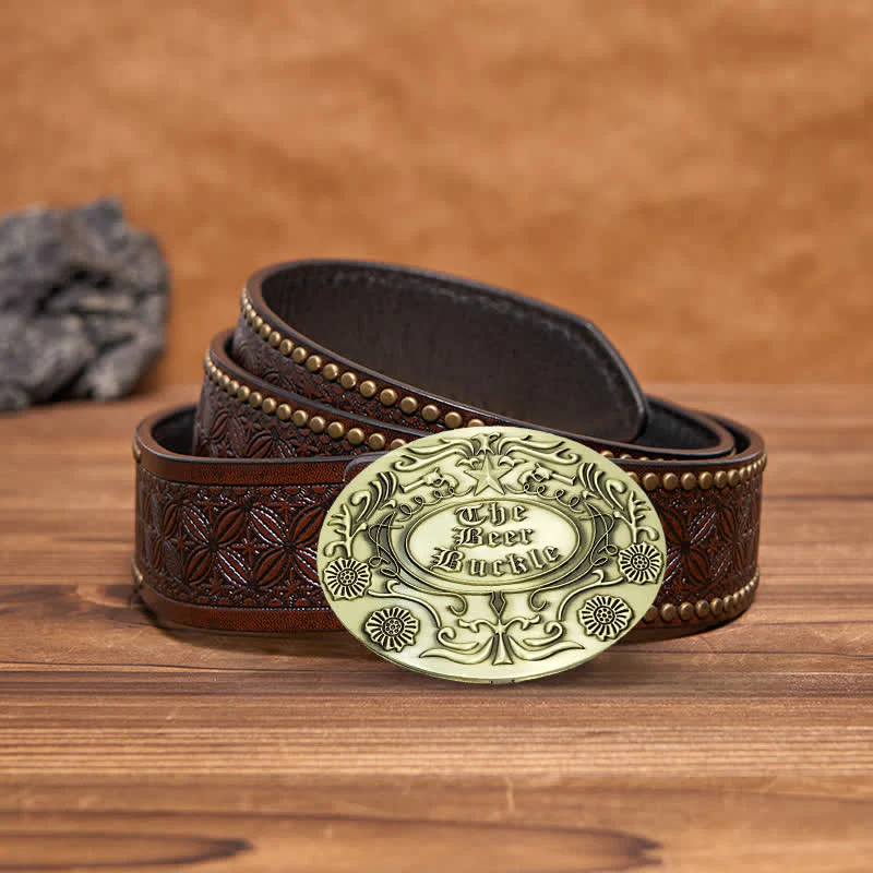 Men's DIY Engrave Flower Creative Beer Holder Buckle Leather Belt - Image 17