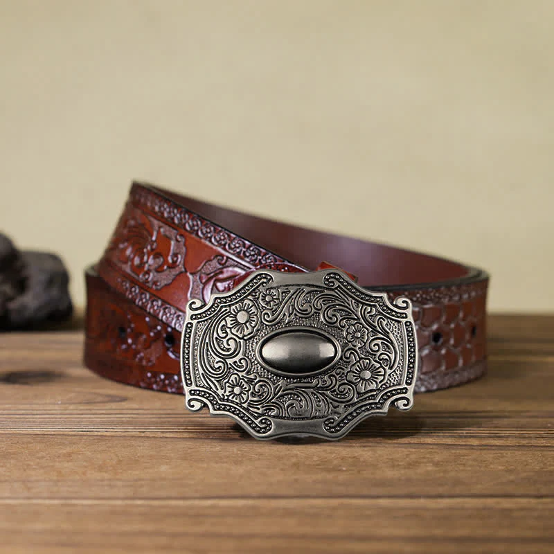 Men's DIY Engraved Floral Decor Buckle Leather Belt - Image 11