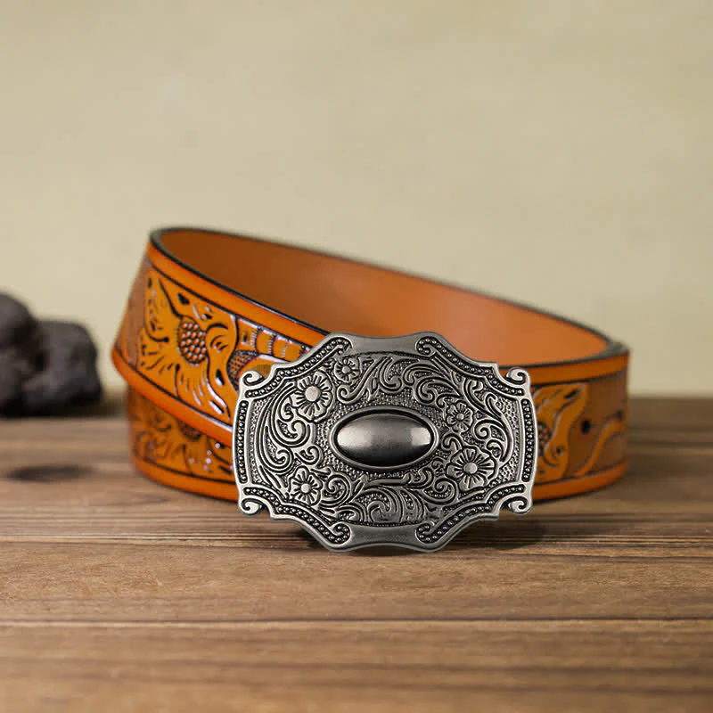 Men's DIY Engraved Floral Decor Buckle Leather Belt - Image 15