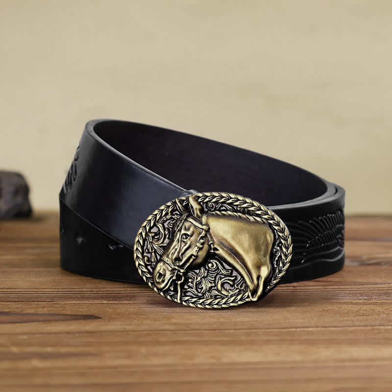 Men's DIY Engraved Horse Head Buckle Leather Belt - Image 10