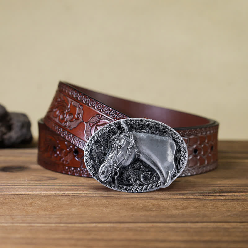 Men's DIY Engraved Horse Head Buckle Leather Belt - Image 20