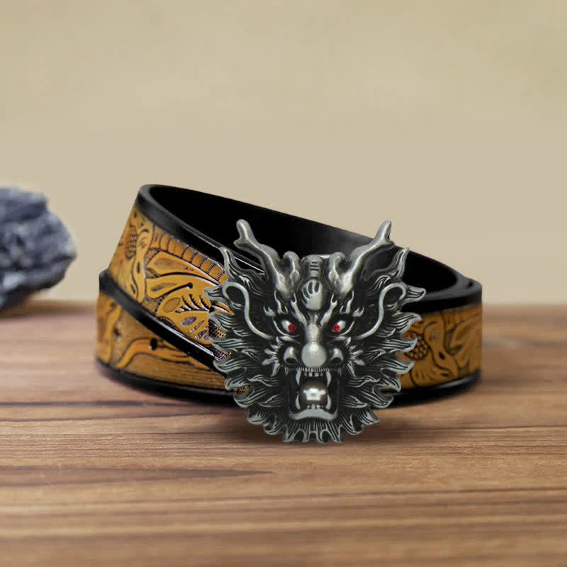 Men's DIY Fiery Dragon White Pearl Buckle Leather Belt - Image 11