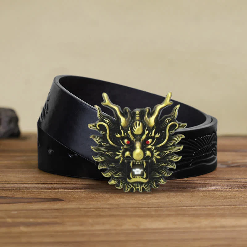 Men's DIY Fiery Dragon White Pearl Buckle Leather Belt - Image 16
